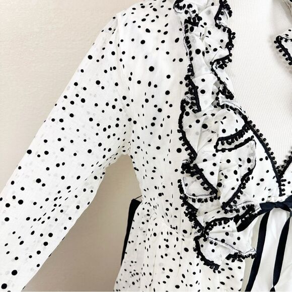 Vintage 70s Polka Dot Mod Black White Robe 2 Piece Ruffle Empire Dress Bond Girl - Picture 3 of 8